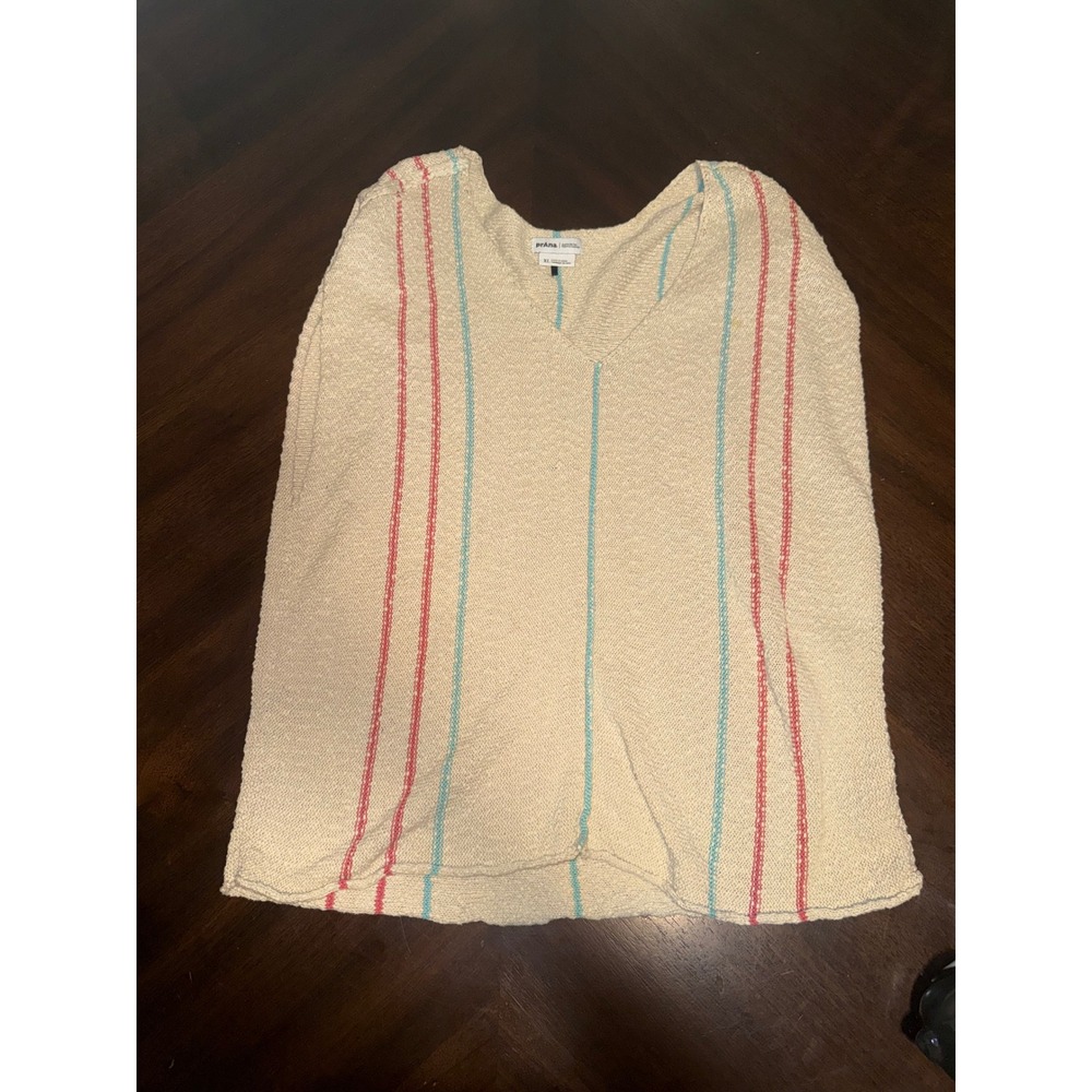 Prana Womens XL Cream Striped V-Neck Sleeveless Knit Sweater Top Tank